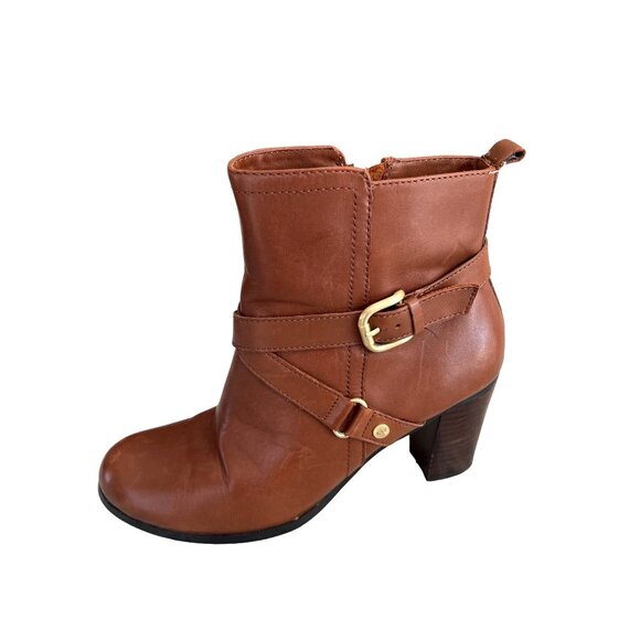 Jones New York Women's Brown Leather Strappy Ankle Booties Block Heel Size 7.5 - Picture 1 of 10